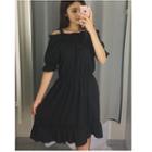 Plain Off Shoulder Frill Trim Elbow Sleeve Dress