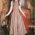 Sleeveless Plaid Midi Dress / Long-sleeve Mock-neck Lace Top / Set