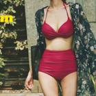 Leaf Print Cover-up / Set: Halter Bikini Top + High Waist Bikini Bottom