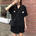 Short-sleeve Butterfly Embroidered Shirt / Pleated A-line Skirt