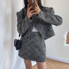 Set: Double Breasted Tweed Jacket + Mini Skirt Black - One Size