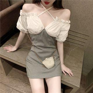 Short-sleeve Cold Shoulder Frill Trim Check Mini Sheath Dress