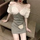 Short-sleeve Cold Shoulder Frill Trim Check Mini Sheath Dress