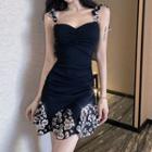 Floral Print Panel Spaghetti-strap Mini Sheath Dress