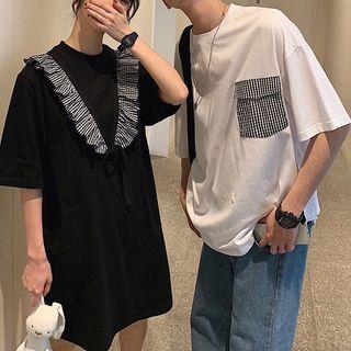 Couple Matching Elbow-sleeve Checker Detail T-shirt Dress / T-shirt