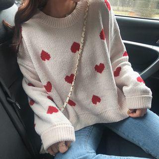 Heart Long-sleeve Slit-hem Knit Sweater