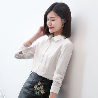 Collared Long-sleeved Straight Plain Slim Blouse