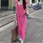 Cap-sleeve Plain Maxi Dress Pink - One Size