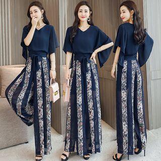 Set: V-neck Elbow-sleeve Top + High Waist Print Wide-leg Pants