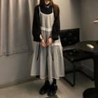 Long-sleeve Plain Shirtdress / Spaghetti Strap Mesh Layer Dress