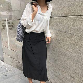 Plain Midi A-line Skirt Black - One Size