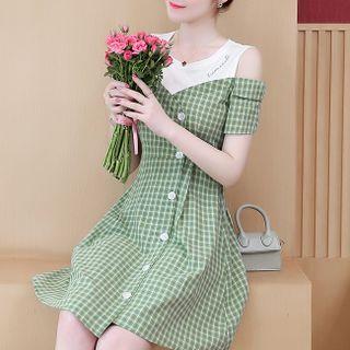 Cold-shoulder Paneled Plaid Midi A-line Dress