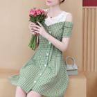Cold-shoulder Paneled Plaid Midi A-line Dress