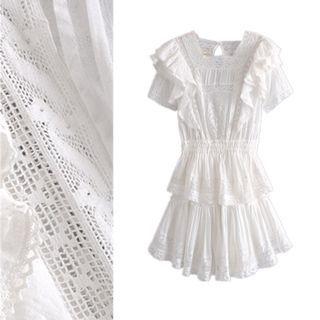 Short-sleeve Frill Trim Lace Mini A-line Dress