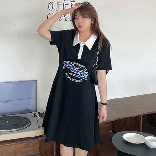 Elbow-sleeve Polo Neck Lettering A-line Dress (various Designs)