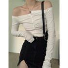 Long-sleeve Off-shoulder Plain Slim-fit Top White - One Size