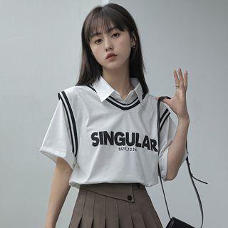 Mock Two-piece Short-sleeve Lettering Shirt