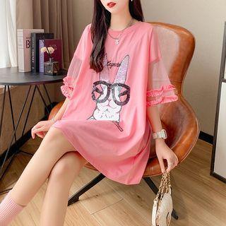Mesh Panel Rabbit Print T-shirt