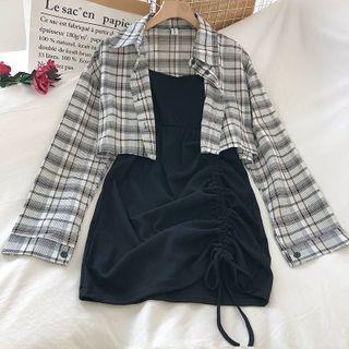 Set Of 2: Plaid Long-sleeve Shirt + Plain Spaghetti Strap Dress
