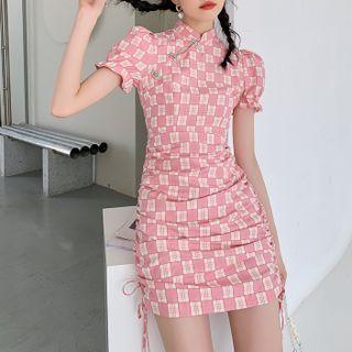 Puff-sleeve Plaid Drawstring Mini Sheath Qipao