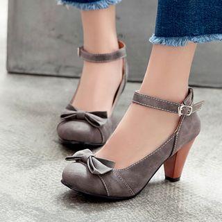 Ribbon Accent Ankle Strap Chunky Heel Pumps