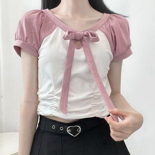 Two-tone Cropped T-shirt / Pleated Mini A-line Skirt