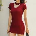 Short-sleeve Cutout Knit Mini Bodycon Dress Wine Red - One Size