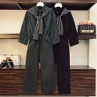 Striped Shawl Collared Shirt Jumpsuit