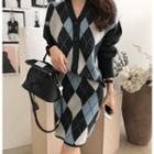 Set: V-neck Argyle Cardigan + Band-waist Wool Blend Skirt One Size