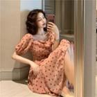 Dotted Short-sleeve Chiffon Dress Pink - One Size