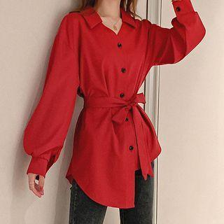 Asymmetrical Hem Tie-waist Blouse