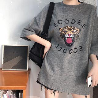Short-sleeve Cheetah Print Round Neck T-shirt