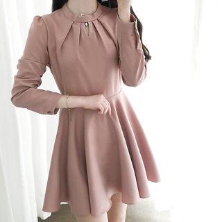 Mandarin-collar Tie-waist Flared Shirtdress