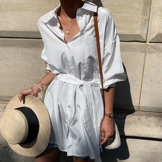 Sleek Longline Shirt With Sash Ivory - One Size
