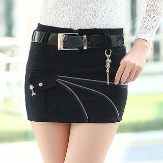 Zip Detail Fitted Skirt With Belt
