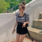 Square-neck Two Tone Striped Knit Top Stripes - Black & White - One Size