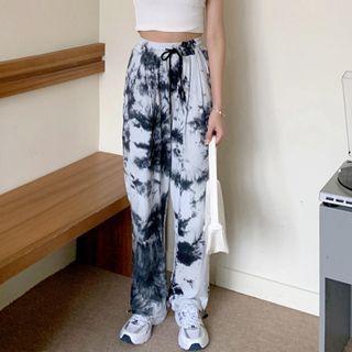 Tie Dye Straight Leg Pants White & Black - One Size