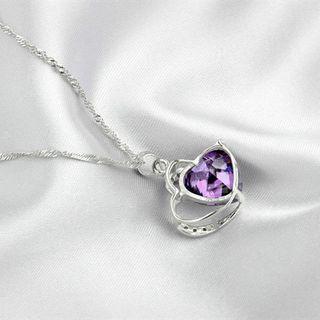 Heart Rhinestone Pendant Sterling Silver Necklace 1pc - Silver & Purple - One Size
