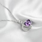 Heart Rhinestone Pendant Sterling Silver Necklace 1pc - Silver & Purple - One Size