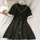 Lace-trim V-neck Knit Dress Black - One Size