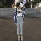 Long-sleeve Striped Blouse / Lettering Tank Top / Ripped Wide Leg Pants