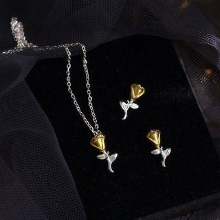 925 Sterling Silver Rose Pendant Necklace / Earring