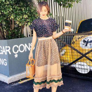Set: Short-sleeve Floral Print Mini Dress + Sheer Midi Skirt