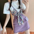 Mock Two-piece Short-sleeve T-shirt / Fray Hem Mini A-line Denim Skirt