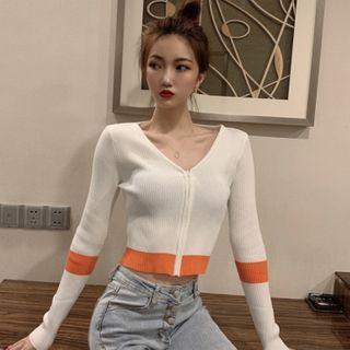 Long-sleeve Contrast Stripe Zip Knit Top