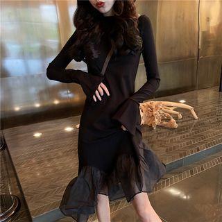 Ruffle Hem Long-sleeve A-line Dress Black - One Size