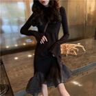 Ruffle Hem Long-sleeve A-line Dress Black - One Size