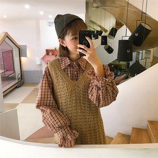 Plaid Long-sleeve Shirtdress / Perforated Sleeveless Dress