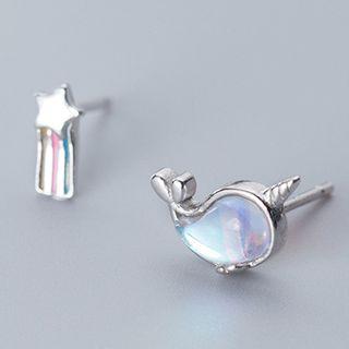925 Sterling Silver Non-matching Whale & Star Earring 1 Pair - S925 Silver Earrings - As Shown In Figure - One Size