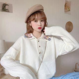 Flower Applique Polo-neck Sweater